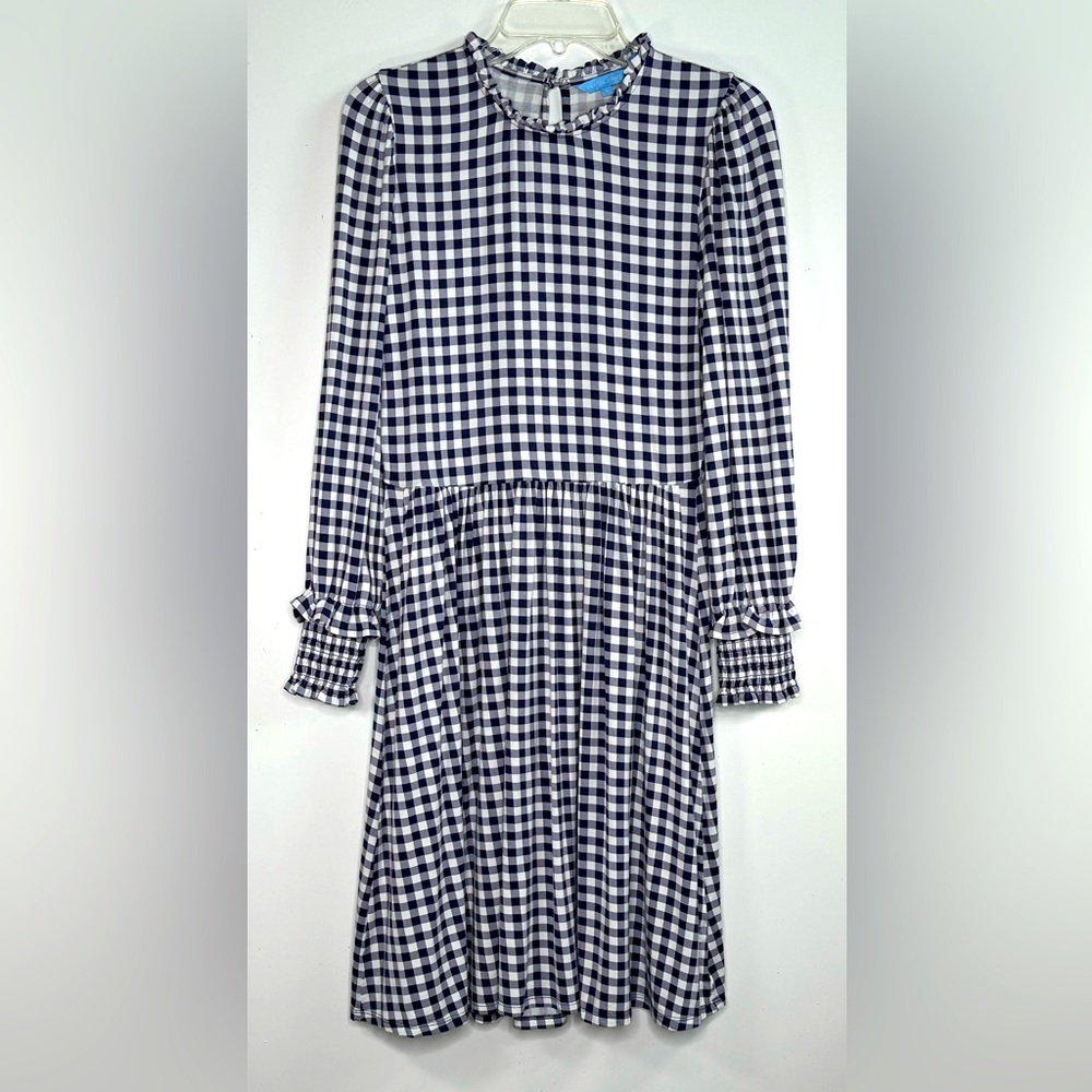 Draper James Kitty Navy Gingham Dress Ruffled Neck Long Sleeve Smocked Cuff Sz S - Picture 3 of 9